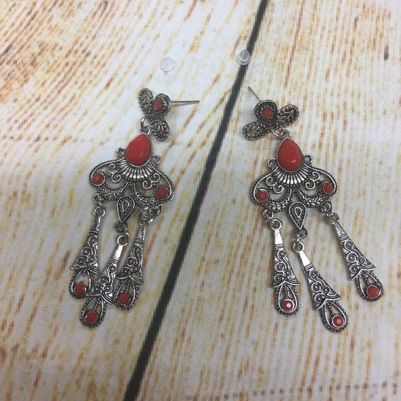 Jewelry - Boho silver and red earrings NWT